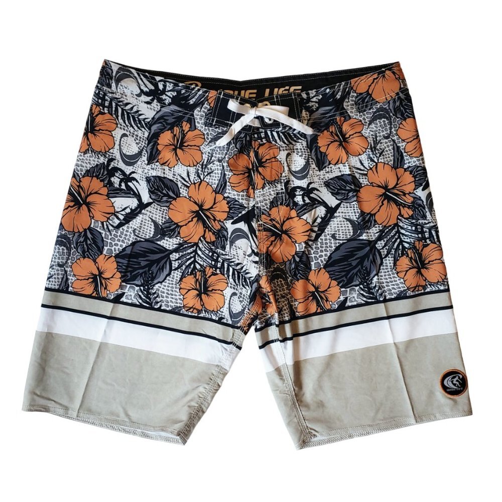 WAVE LIFE Nwt Fly-Dry Men's Swim Shorts XL 4-Way Stretch Orange Blk Tan White